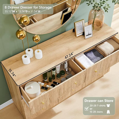 SinCiDo 8 Drawer Fluted Dresser, 55" Wide Wood Chest of Drawers with Deep Storage, Modern Storage Organizer for Bedroom, Living Room