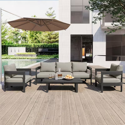 ELJGET 4 Pieces Patio Furniture Set with Cushions, Outdoor Iron Conversation Set for Poolside Backyard, Light Gray