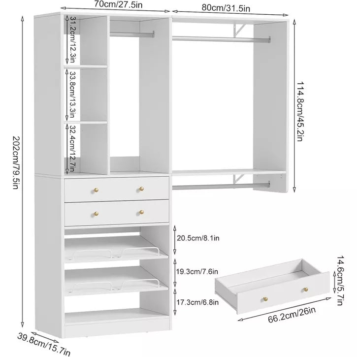 PAKASEPT 5FT Closet System with 2 Wood Drawers, 59" Closet Organizer System with Shoe Rack, 3 Hanging Rods, Wardrobe Clothes Garment Rack