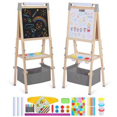 TODECARE Kids 3-in-1 Adjustable Kids Art Easel with Magnetic Whiteboard, Chalkboard, Paper Roll and Storage, Pink