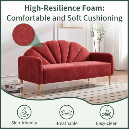 Mid Century Modern 3-Seater Shell Back Sofa - Linen Fabric with Wooden Legs, 6 Colors, Easy Quick Assembly