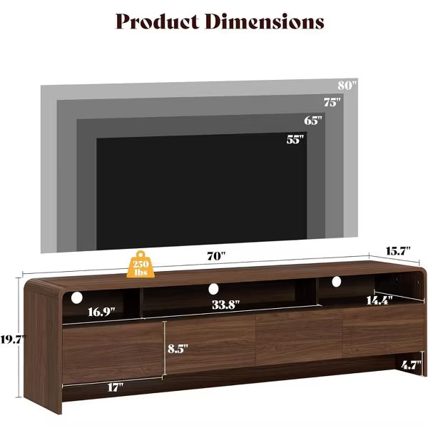 AMERLIFE 70" Modern Wood TV Stand with Curved Design & 2 Storage Cabinets, for TVs Up to 80", Media Console Entertainment Center for Living Room