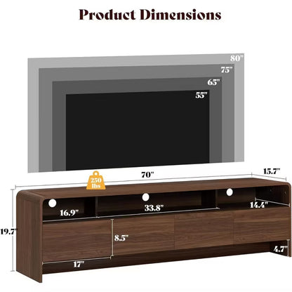 AMERLIFE 70" Modern Wood TV Stand with Curved Design & 2 Storage Cabinets, for TVs Up to 80", Media Console Entertainment Center for Living Room