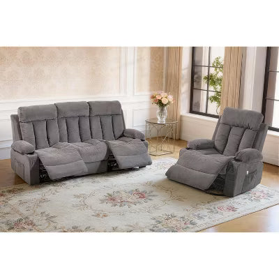 BOSMILLER Manual Recliner Sofa Set, 2 Piece Reclining Living Room Furniture Sets with Cup Holders for Home Theater, Office (Grey, Sofa+Chair)
