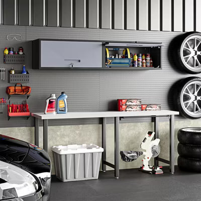 Mlezan Wall-Mounted Cabinet: Steel Metal Storage for Garage or Workshop.Heavy-Duty Floating Shelf for Tools and Supplies.Assembly Required.