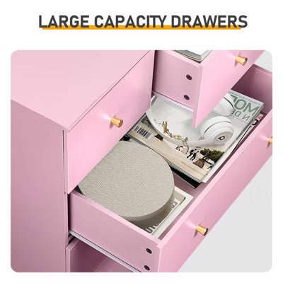 CIPACHO 5 Drawer Cabinet - Macaron Powder Melamine Veneer Particleboard with Matte Gold Handles