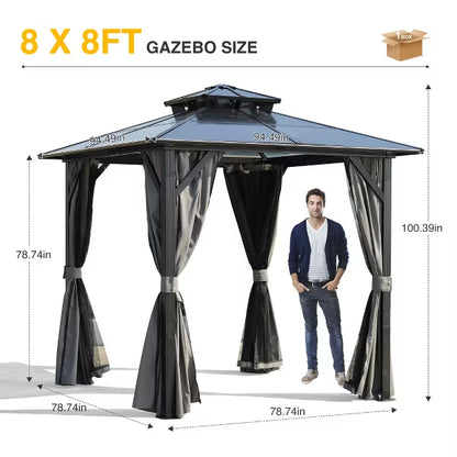 8 ft. x 8 ft. Hardtop Outdoor Gazebo, Polycarbonate Double Roof BBQ Gazebo with Aluminum Frame, Storage Hooks, Curtains