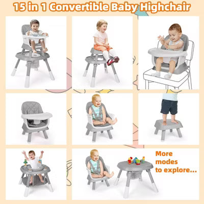 TODECARE 15-in-1 Convertiable High Chair for Babies and Toddlers, Highchair & Activity Center, Booster Seat w/5-Point Harness & Removable Tray