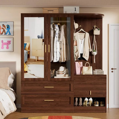 PAKASEPT 71'' Farmhouse Armoire Wardrobe Closet with Mirror, Wooden Wardrobe Storage Cabinet with 2 Door, Hanging Rod, Hidden Bench, Drawers