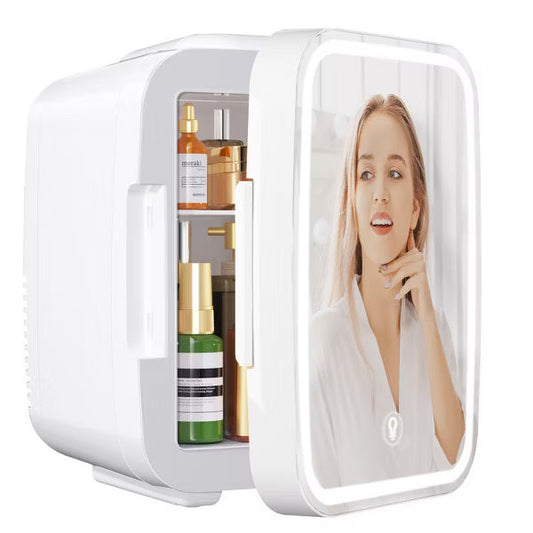 YASHE Mini Skincare & Food Fridge with Dimmable LED Mirror, 4L/6 Cans Cooler & Warmer, Portable for Makeup, Beauty, Food, Office & Car