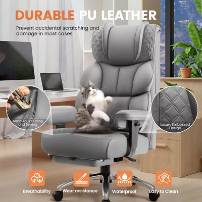 KERDOM Big and Tall Leather Chair with Footrest, Wide Ergonomic Comfy High Back Executive Chairs With Lumbar Support, Gray