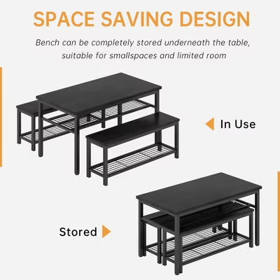 Hooseng 3-Piece Kitchen Table Chairs Set, Dining Table Set for 4, Rectangle Dining Room Table Set with Two Benches, Metal Frame for Small Spaces