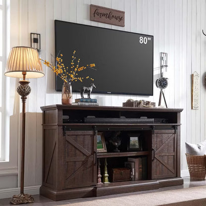 SinCiDo Farmhouse TV Stand for 80" TVs, 37" Tall Media Console with Sliding Barn Door, Storage Cabinets & Adjustable Shelves