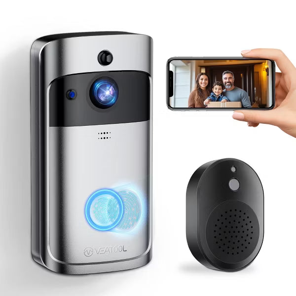 VEATOOL Wireless Doorbell Camera: 1080P, Chime, 2-Way Audio, PIR Motion Detection, Night Vision, Battery-Powered