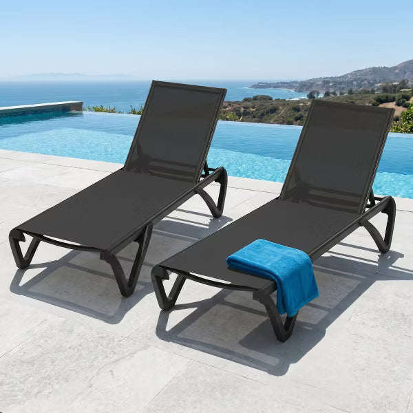 Set of 2 Outdoor Patio Chaise Lounge Chairs, 5-Position Adjustable Poolside Sun Lounger, 400 lbs Weight Capacity, Obsidian Black