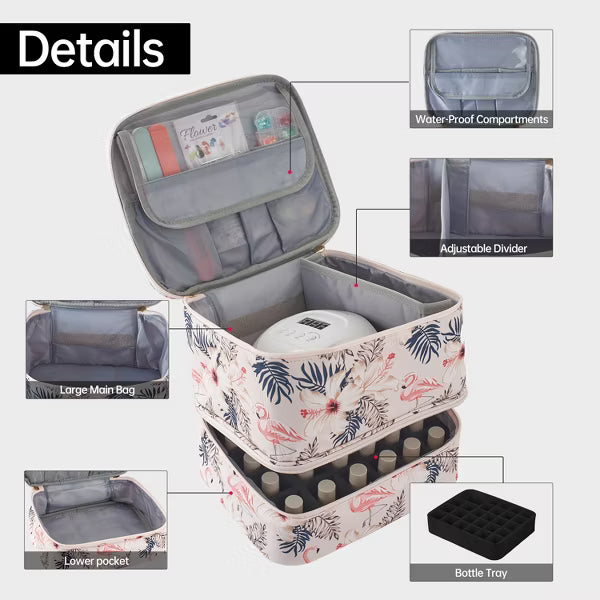 Double-Layer Nail Polish Organizer Bag, Holds 27 Bottles (15ML/0.5 FL.OZ or Larger), Nail Tools & Dryer Storage with Adjustable Dividers, Flamingo