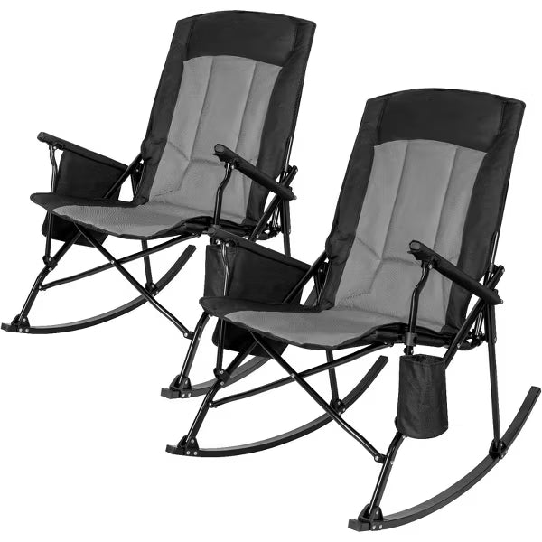 SUNSPIRE Folding Rocking Camping Chair 2-Pack, Heavy Duty Padded Rocker with High Back Hard Armrests for Outdoor Patio Garden Blue+ Grey