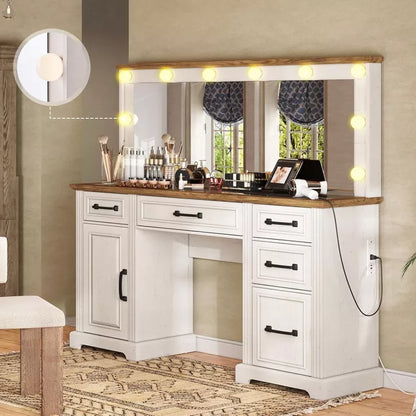 AMERLIFE 55" W Makeup Vanity with Hollywood Mirror, Glass Top Vanity with 5 Drawer