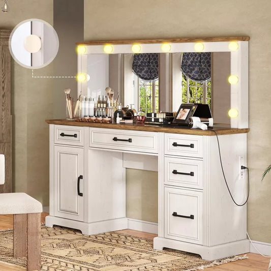 AMERLIFE 55" W Makeup Vanity with Hollywood Mirror, Glass Top Vanity with 5 Drawer