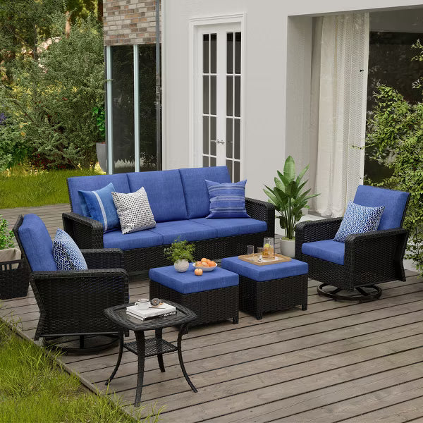 SUGOLD Hand Woven Wicker Patio Conversation Set with Blue Cushions