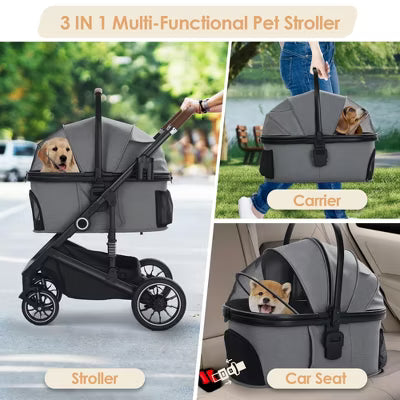 TODECARE 3-in-1 Folding Pet Stroller for Small to Medium Dogs and Cats up to 50 lbs with Storage Basket, Black