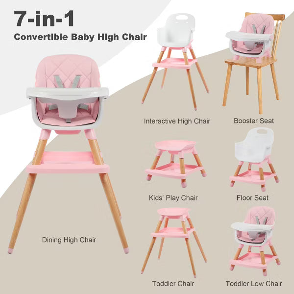 Kinder King 7 in 1 Baby High Chair Convert to Wooden Feeding Chair Removable Tray 5-Point Harness Gray