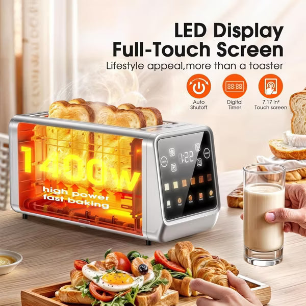 Teendow 4 Slice Smart Touchscreen Toaster, 1.5" Extra-Wide Slots, 1400W Stainless Steel Bread Toaster,5 Bread Settings & 6 Shade Options
