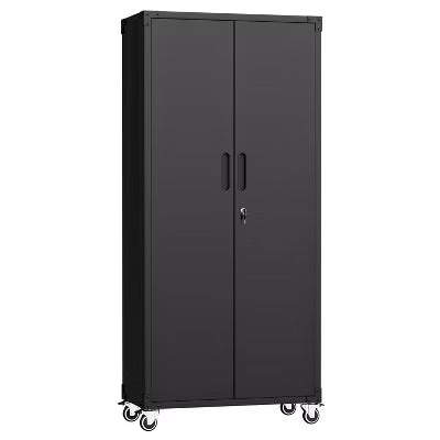 VIYET 71"H All-Black Heavy-Duty Metal Garage Storage Cabinet with Wheels,2 Locking Doors+3 Adjustable Shelves for Home/Office/Garage