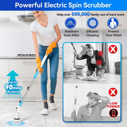 TASVAC EB5 Electric Spin Scrubber, 450RPM Cordless Shower Cleaner with 5 Replaceable Cleaning Heads and Adjustable Extension Arm