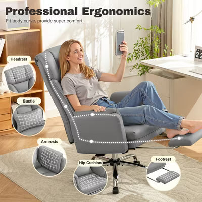 KERDOM High Back Executive Office Chair, Big and Tall PU Leather Desk Chair With Adjustable Height, Padded Armrests And Footrest, Gray