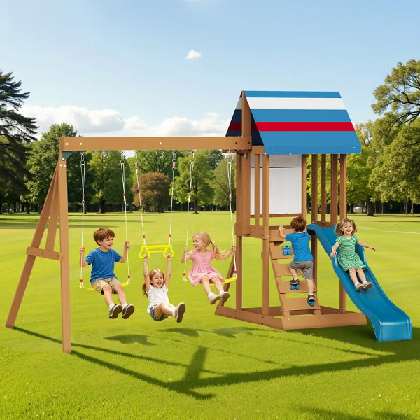 AMERLIFE Wooden Outdoor Swing Set with Playhouse, Slides, Swings, Climbing Wall & Ladder, Multi-Activity Backyard Playground for Kids Ages 3–8