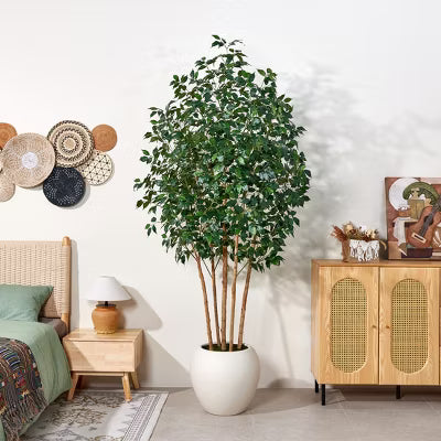8FT Artificial Ficus Tree with Natural Wood Trunk and Silk Leaves, Large Fake Potted Tree with White Planter, Faux Tree for Office Home Decor