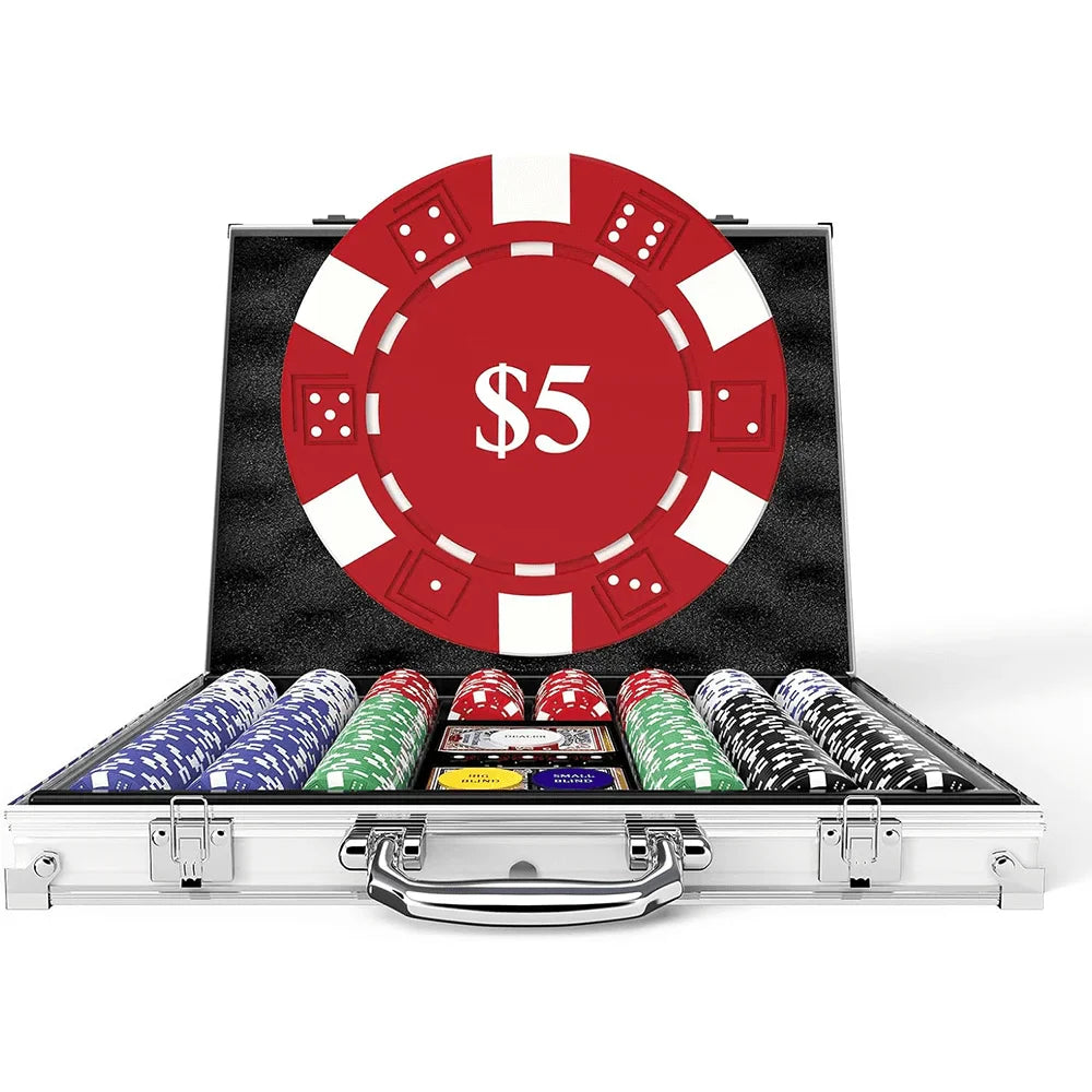 HEITOK Professional 300 Piece Casino Poker Chips Set with Denominations, 11.5g Weighted Chips + 5 Dice + 2 Decks in Travel Friendly Aluminum Case for Blackjack Texas Hold'em