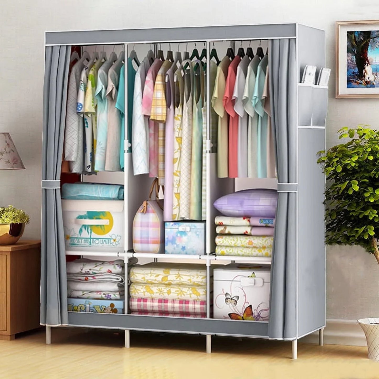 HONEIER Portable Closet Storage Organizer Clothes Wardrobe Shoe Clothing Rack Shelf Dustproof Non woven Fabric, Quick and Easy to Assemble
