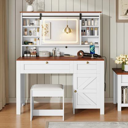 HSUNNS Large Vanity Desk with Mirror and Lights, Farmhouse Vanity Sets with Upholstered Stool, Makeup Table with Storage Cabinet and Drawers, Sliding Mirror, Charging Station, White