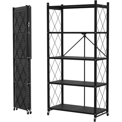 HYEASTR 5-Tier Foldable Storage Shelf with Wheels - Metal Collapsible Shelving Unit Display, Rolling Cart for Books Kitchen Storage Shelves, Pantry & Closet Organizer, Office Room Decor - Black