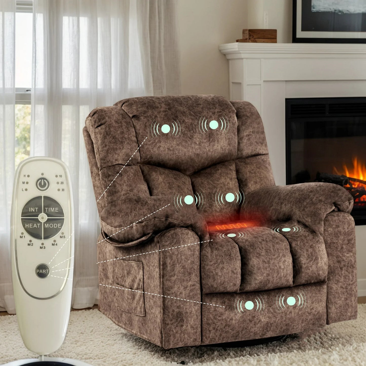 IMKHK Swivel Rocker Recliner Chair, Comfy Recliner Chair with Heat and Vibration Massage, Manual Fabric Lounge Chair with Side Pockets, 2 Hidden Cup Holders and USB Charge Port for Living Room, Brown