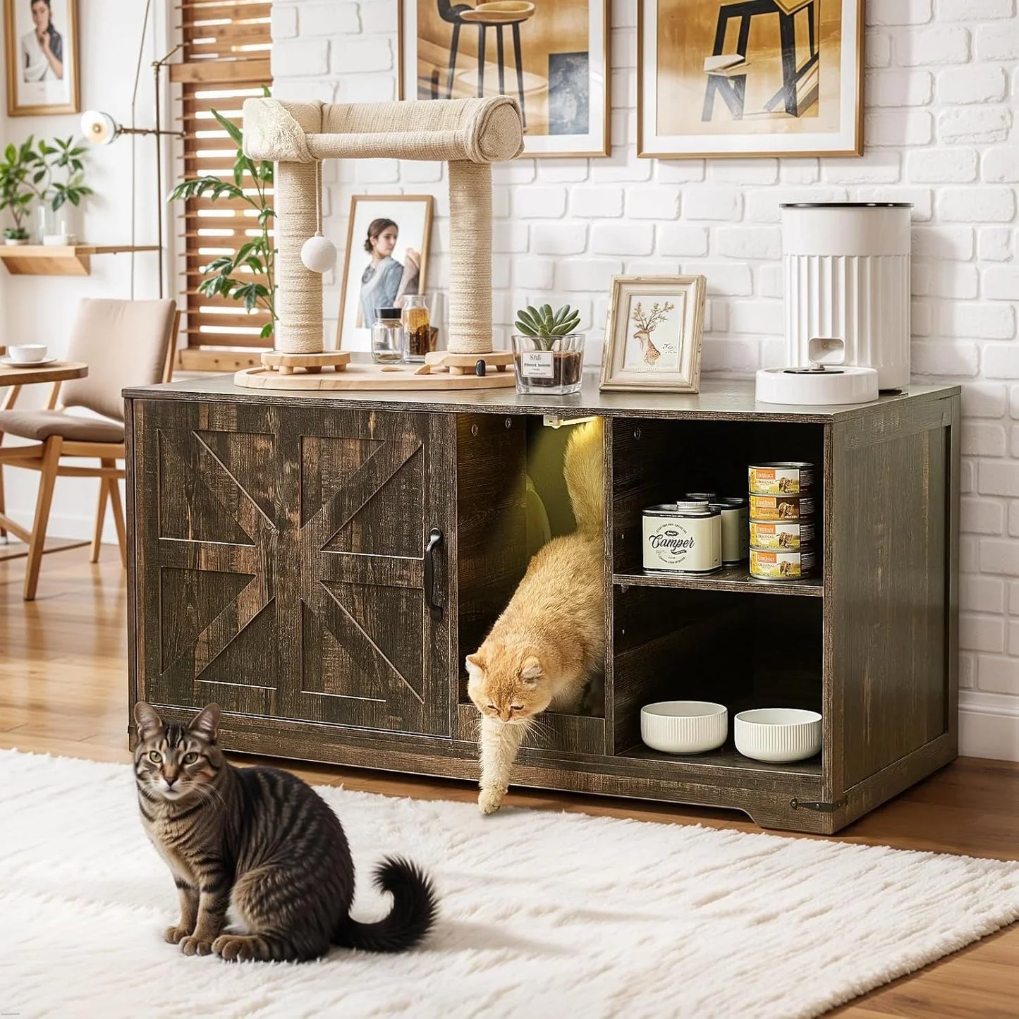 JanflyHome Cat Litter Box Enclosure, 43.3 inches Hidden Litter Box Furniture Cabinet with Storage, Cardboard, Light, Wood Indoor Cat House Washroom, Farmhouse Style, Rustic Brown Oak