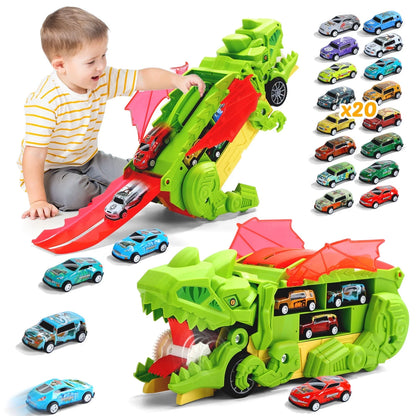 JoyStone 20 in 1 Dinosaur Transport Truck with 20 Cars, City Dinosaur Ultimate Hauler Track Toy, Transforms into Stomping Standing Dinosaur Toddler Toys Birthday Gift for Kids Ages 3