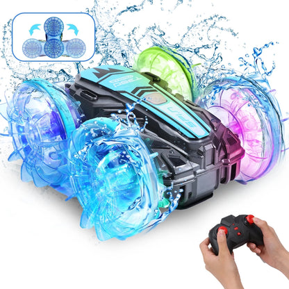 JoyStone Amphibious Remote Control Car Boat with LED Lights, 4WD RC Stunt Car Toy for Boys Girls, Water Beach Pool Toys for Kids Ages 8-12, Blue