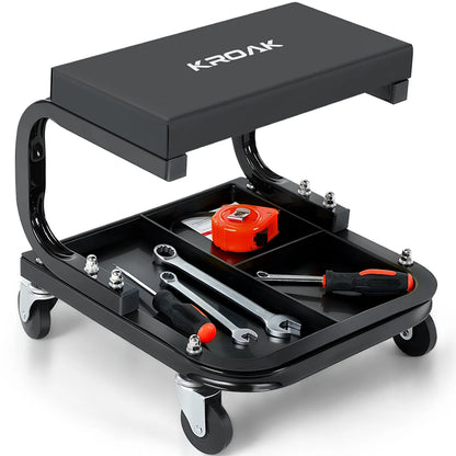 KROAK 14.2 Rolling Creeper Garage/Shop Seat with 3 Segmented Tool Tray, 260 Lbs Capacity, 360 2.5 Casters, Comfortable Car Repair Mechanic Stool, Black