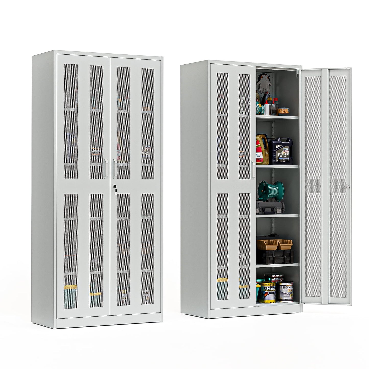 Ktaxon 71"H Metal Garage Storage Cabinet with 2 Mesh Doors, Garage Tool Storage Cabinet with Pegboards and 4 Adjustable Shelves, Locking Steel Tool Cabinets for Garage, Office, Workshop, Warehouse