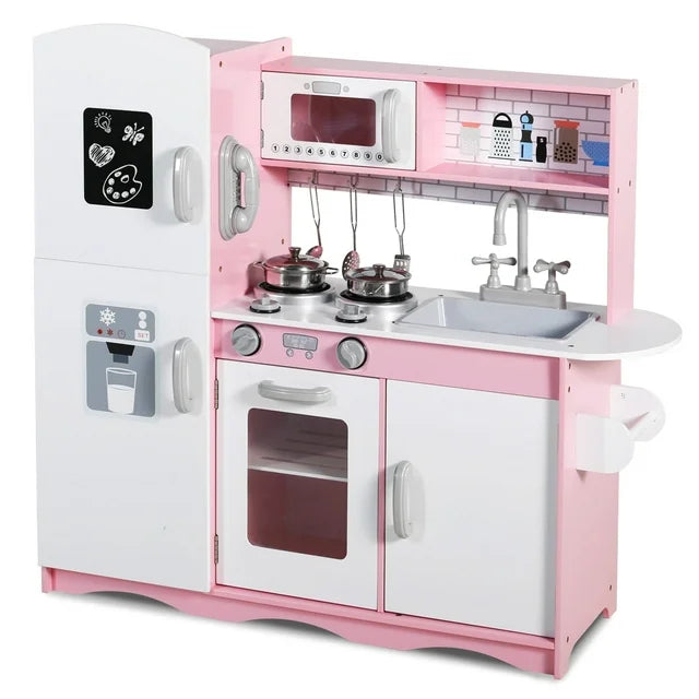 LINLUX Wooden Kids Play Kitchen, Toy Kitchen Playset For Toddler, Realistic Kitchen Sets Baby, Pink