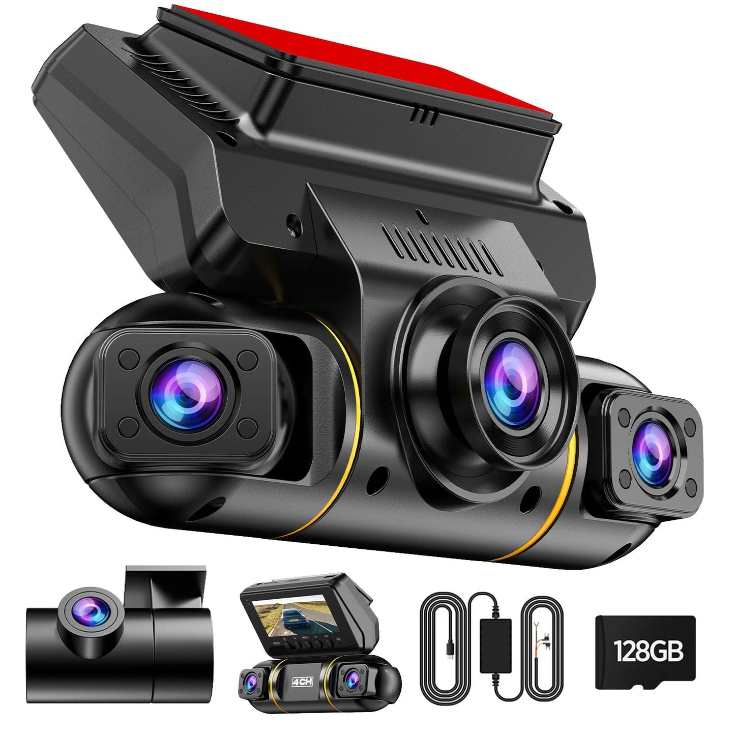 LAMTTO 4 Channel Dash Cam Front and Rear Inside with Hardwire Kit for 24h Security Parking Monitor, 1080p FHD 360 Degree View Dash Camera, IR Night Vision Dashcam, G-Sensor, Free 128GB Card