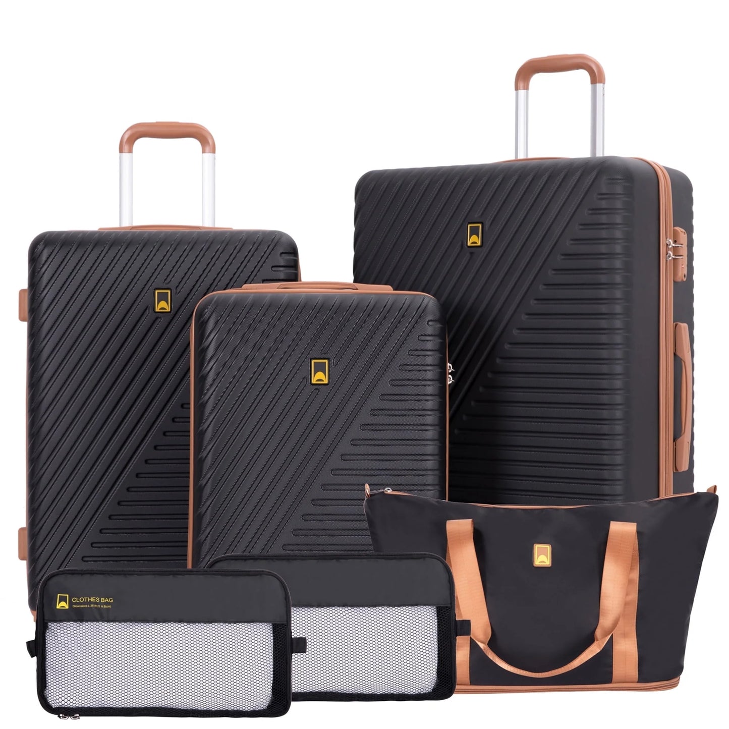 Landisun Luggage Sets 6 Piece Hardshell ABS Suitcase Set with TSA Lock, Travel Luggage with Portable Bag, Black