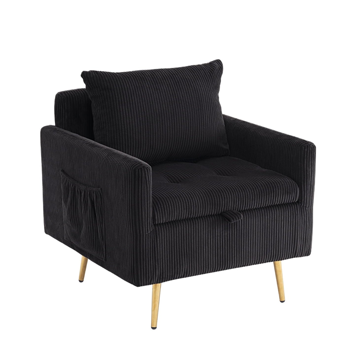 Modern Accent Chair, Single Sofa Armchair with Storage, 1 Pillow, Corduroy Fabric Arm Chair for Living Room, Black