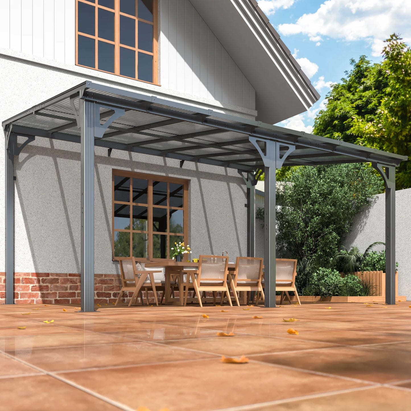 NETAJE 10'x14' Outdoor Splicable Gazebo, Hardtop Wall Mounted Gazebo & Pergola with Aluminum Frame and Sloping Roof, for Backyard, Deck, Patio-Gray