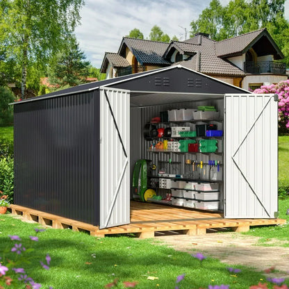 NETAJE 8'x12' Outdoor Metal Storage Shed with Upgraded Frame and Lockable Doors for Backyard, Garden, Lawn
