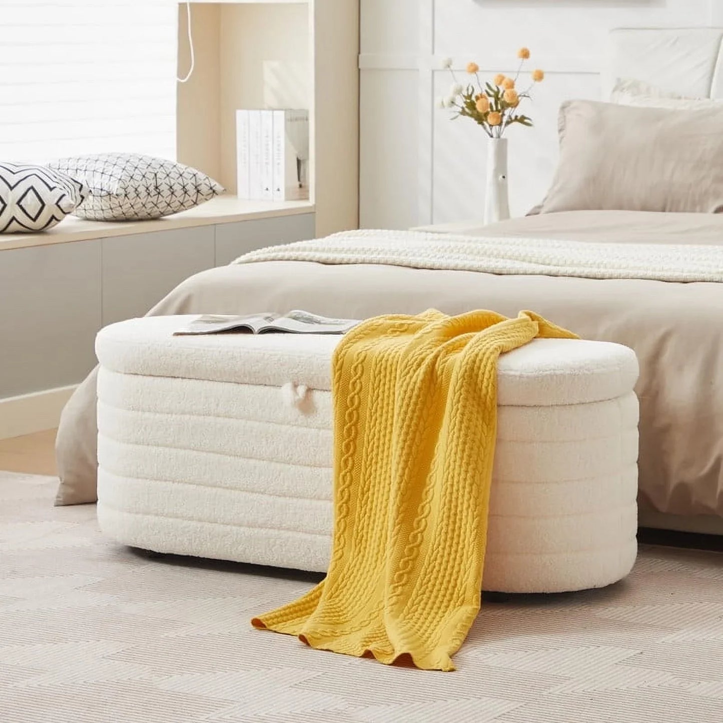 Othniel 45x16.5 Inch White Teddy Storage Ottoman Bench,Oval Footrest with Anti-Slip Legs