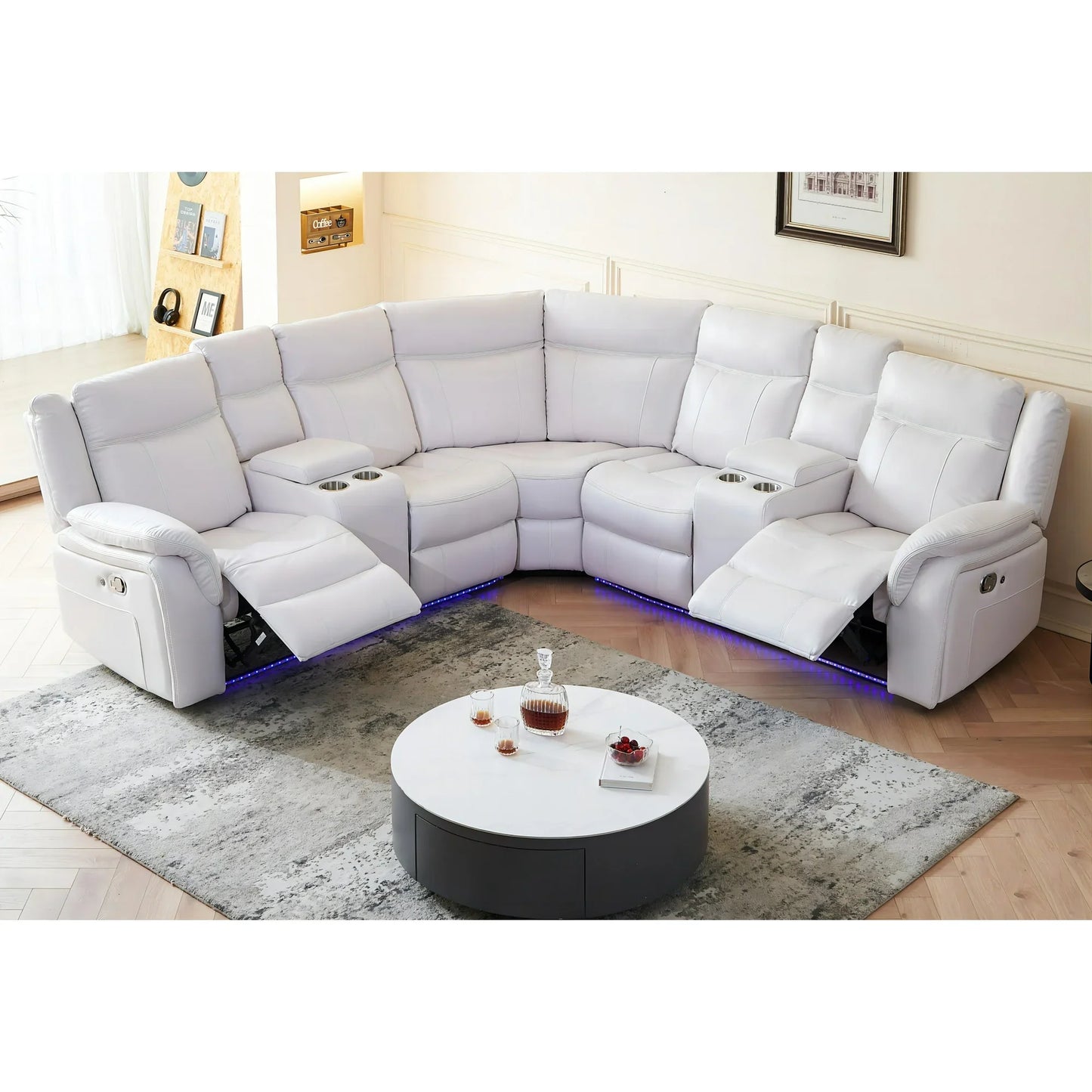 Othniel Manual Reclining Sectional Sofa with LED Light Recliner Cup Holder,USB Port White